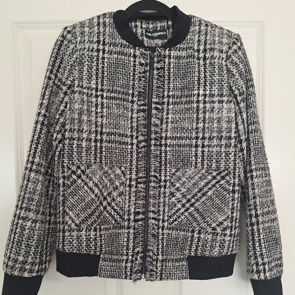 Karl Lagerfeld Paris women's tweed bomber jacket black /white size 2